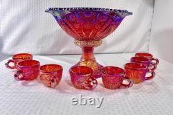 Vintage 10 Piece Indiana Carnival Glass Sunset Red Heirloom Punch Set