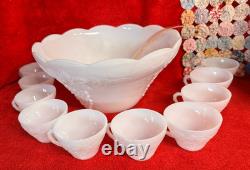 Vintage 12 Piece White Milk Glass Punch Bowl with 10 Cups & Dipper