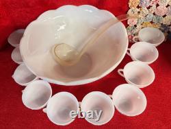 Vintage 12 Piece White Milk Glass Punch Bowl with 10 Cups & Dipper