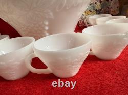 Vintage 12 Piece White Milk Glass Punch Bowl with 10 Cups & Dipper