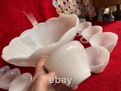 Vintage 12 Piece White Milk Glass Punch Bowl with 10 Cups & Dipper