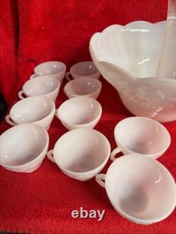 Vintage 12 Piece White Milk Glass Punch Bowl with 10 Cups & Dipper