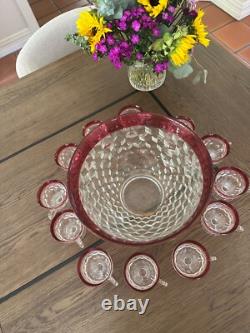 Vintage 13 Pc Ruby Red punch bowl with cups