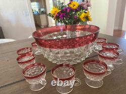 Vintage 13 Pc Ruby Red punch bowl with cups