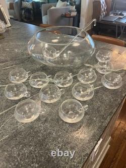 Vintage 14 PC Hand Blown Crystal Moderno Riekes Crisa Punch Bowl Set withLadle