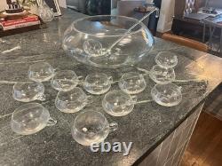 Vintage 14 PC Hand Blown Crystal Moderno Riekes Crisa Punch Bowl Set withLadle