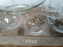 Vintage 14 Pc Glass Punch Bowl Mid Century Modern 12 Cups MOD Clear Glass