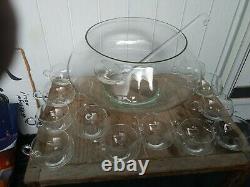Vintage 14 Pc Glass Punch Bowl Mid Century Modern 12 Cups MOD Clear Glass