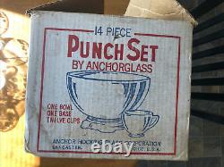Vintage 14 Piece Anchor Glass Punch Bowl Set unused in Box USA Gold Trim 12 cups