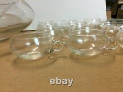 Vintage 14 Pieces Hand Blown Crystal Moderno Punch Bowl Set withLadle Riekes Cri
