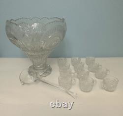 Vintage 15 Piece Smith Glass Punch Bowl Set Ladle Stand 12 Cups Pinwheels Stars