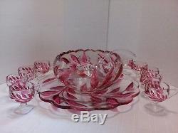 Vintage 15 Pieces, Indiana Oleander Willow Magnolia Ruby Flash Punch Bowl Set