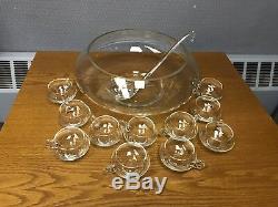 Vintage 17pc Crystal Moderno Punch Bowl Set Riekes Crisa Cups Ladle Hand Blown