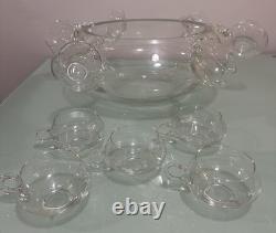 Vintage 18 PC Hand Blown Crystal Moderno Riekes Crisa Punch Bowl Set W 11 Cups
