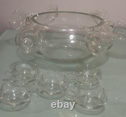 Vintage 18 PC Hand Blown Crystal Moderno Riekes Crisa Punch Bowl Set W 11 Cups