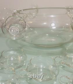 Vintage 18 PC Hand Blown Crystal Moderno Riekes Crisa Punch Bowl Set W 11 Cups