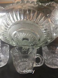 Vintage 1908 Slewed Horseshoe pattern US Glass Punch Bowl 10 glasses