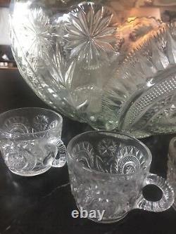 Vintage 1908 Slewed Horseshoe pattern US Glass Punch Bowl 10 glasses