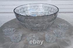 Vintage 1930's Heisey Glass Greek Key Punch Bowl & 6 Cups