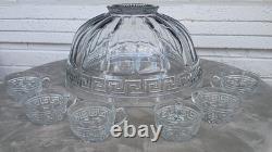 Vintage 1930's Heisey Glass Greek Key Punch Bowl & 6 Cups