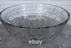 Vintage 1930's Heisey Glass Greek Key Punch Bowl & 6 Cups