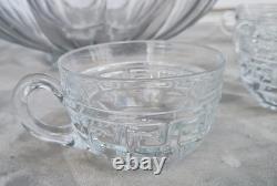 Vintage 1930's Heisey Glass Greek Key Punch Bowl & 6 Cups