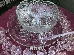Vintage 1930's LE Smith Glass Pinwheel and Stars Slewed Horseshoe Punch Bowl Set