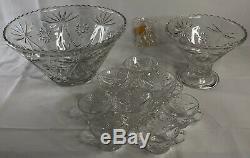 Vintage 1950 Punch Bowl Set Anchor Hocking Prescut Clear Glass Starburst 27 Pcs