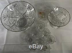 Vintage 1950 Punch Bowl Set Anchor Hocking Prescut Clear Glass Starburst 27 Pcs