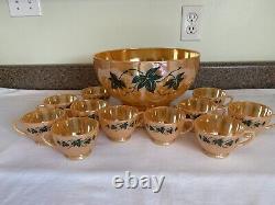 Vintage 1950's Anchor Hocking Peach Luster with Ivy Leaves Punch Bowl Set
