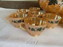 Vintage 1950's Anchor Hocking Peach Luster with Ivy Leaves Punch Bowl Set