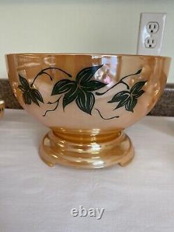 Vintage 1950's Anchor Hocking Peach Luster with Ivy Leaves Punch Bowl Set