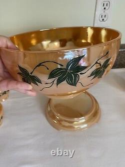 Vintage 1950's Anchor Hocking Peach Luster with Ivy Leaves Punch Bowl Set