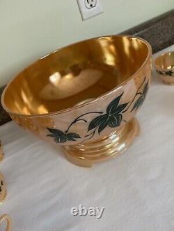 Vintage 1950's Anchor Hocking Peach Luster with Ivy Leaves Punch Bowl Set