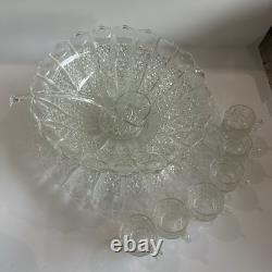 Vintage 1950's BRISTOL DIAMOND Crystal Punch Bowl Set 1 Bowl, 1 Plate, 12 Cups