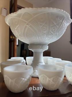 Vintage 1950's Milk McKee Glass punch bowl set with 11 cups