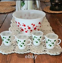 Vintage 1950s Hazel Atlas Polka Dot Milk Glass Punch Bowl And Cups