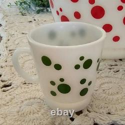 Vintage 1950s Hazel Atlas Polka Dot Milk Glass Punch Bowl And Cups