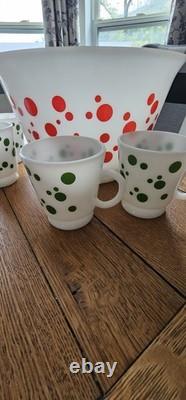 Vintage 1950s Hazel Atlas Polka Dot Milk Glass Punch Bowl And Cups