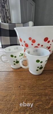 Vintage 1950s Hazel Atlas Polka Dot Milk Glass Punch Bowl And Cups