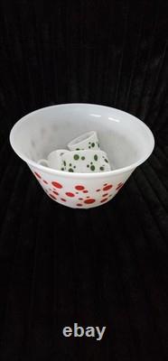 Vintage 1950s Hazel Atlas Polka Dot Milk Glass Punch Bowl And Cups