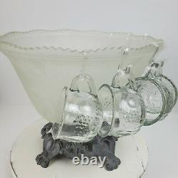 Vintage 1950s Punch Bowl with Pewter Base & 7 Cups 12 Round x 10 Tall (with stand)
