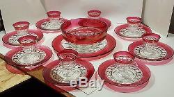 Vintage 1960's Thumbprint Rose Punch bowl Set With 8 Glasses and Plates