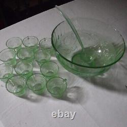 Vintage 1960s Indiana Tiara Glass Chantilly Green Punch Bowl Set with 12 Cups