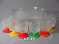 Vintage 1970's Punch Bowl With 12 Multi-Colored Footed Cups