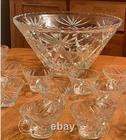 Vintage 1970s American Lrg Glass Punch Bowl with 15 Cups by Anchor Hocking Glass