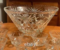 Vintage 1970s American Lrg Glass Punch Bowl with 15 Cups by Anchor Hocking Glass