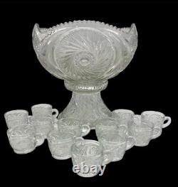 Vintage 1980s L E Smith Clear Crystal Glass McKee Aztec Punch Bowl Set 11 Cups