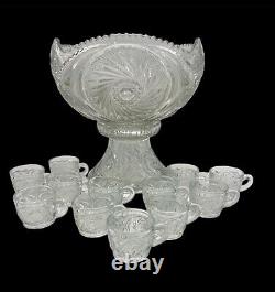 Vintage 1980s L E Smith Clear Crystal Glass McKee Aztec Punch Bowl Set 11 Cups