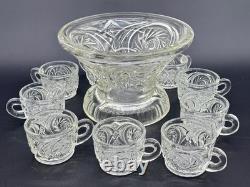 Vintage 1980s L E Smith Clear Crystal Glass McKee Aztec Punch Bowl Set 9 Cups